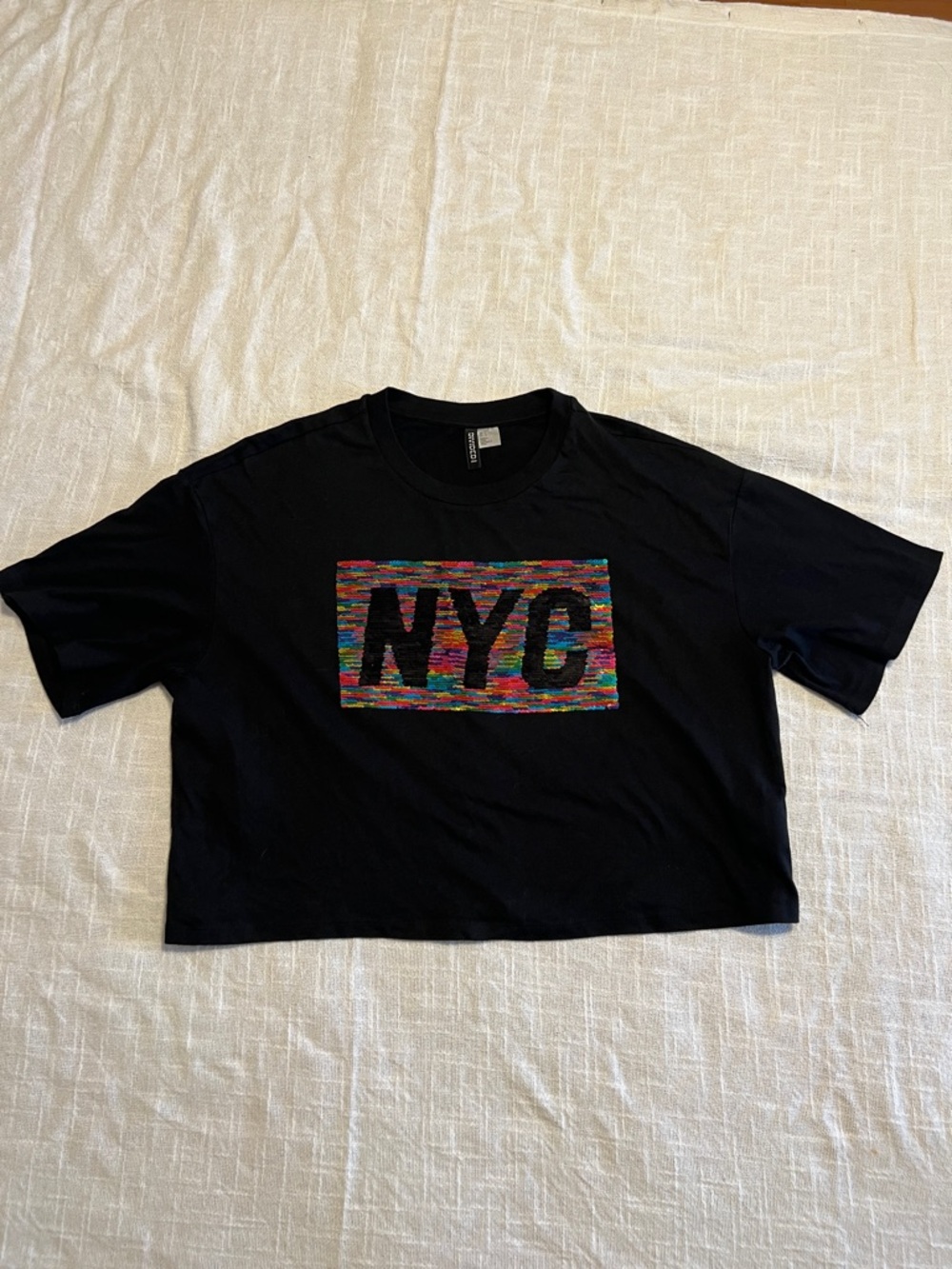 Black NYC Graphic Cropped Tee - Multicolor Sequin Logo